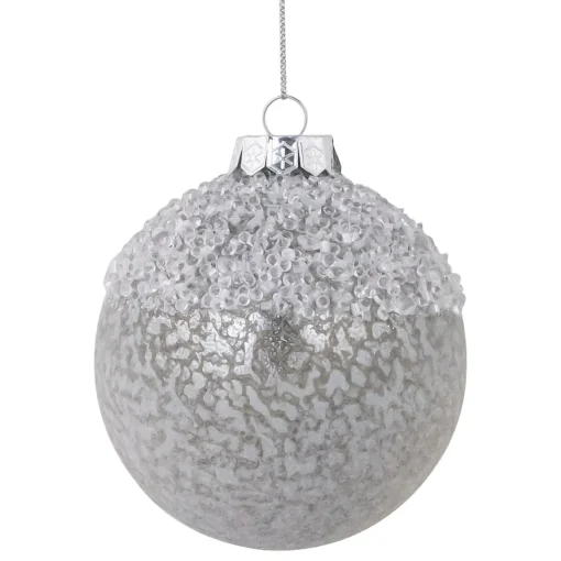 4" Silver and White Beaded Glass Christmas Ornament Glass|Ball Ornaments