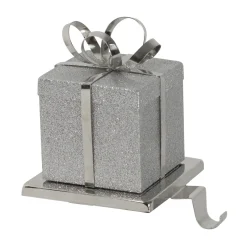 Clearance 5.5" Silver Glitter Gift Box with Bow Christmas Metal Stocking Holder Stocking Holders