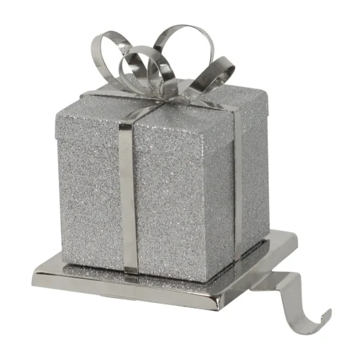 Clearance 5.5" Silver Glitter Gift Box with Bow Christmas Metal Stocking Holder Stocking Holders