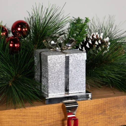 Clearance 5.5" Silver Glitter Gift Box with Bow Christmas Metal Stocking Holder Stocking Holders