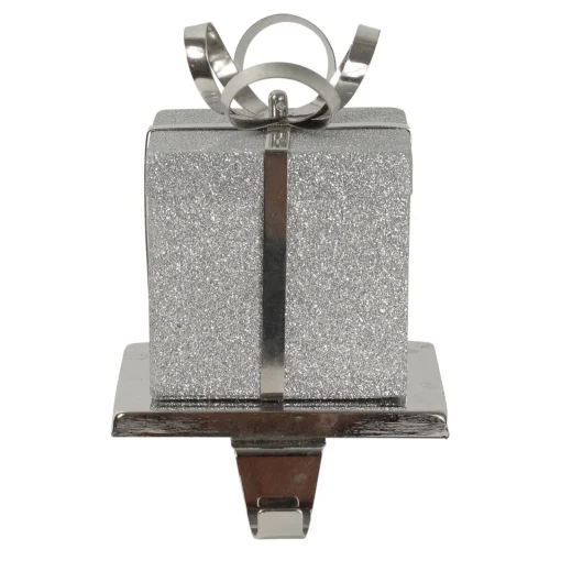 Clearance 5.5" Silver Glitter Gift Box with Bow Christmas Metal Stocking Holder Stocking Holders