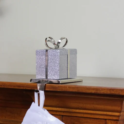 Clearance 5.5" Silver Glitter Gift Box with Bow Christmas Metal Stocking Holder Stocking Holders