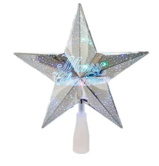 Outlet 8.75" Silver "Merry Christmas" Star Tree Topper - Multi Colored Stars
