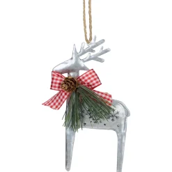Clearance 6.25" Silver Metal Reindeer Christmas Ornament with a Red Gingham Bowtie and Pine Animals
