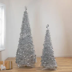 Discount 4' Silver Tinsel Pop-Up Artificial Christmas Tree, Unlit Pop Up