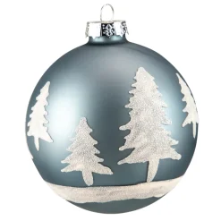Hot 4" Slate Blue with Glittered Trees Glass Ball Christmas Ornament Glass|Ball Ornaments