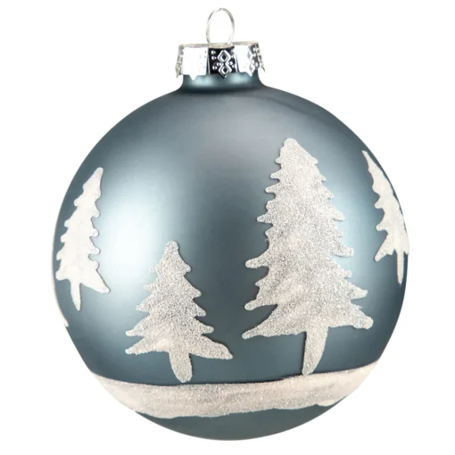 Hot 4" Slate Blue with Glittered Trees Glass Ball Christmas Ornament Glass|Ball Ornaments
