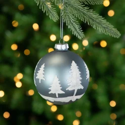 Hot 4" Slate Blue with Glittered Trees Glass Ball Christmas Ornament Glass|Ball Ornaments