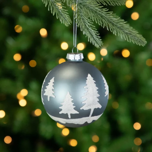 Hot 4" Slate Blue with Glittered Trees Glass Ball Christmas Ornament Glass|Ball Ornaments