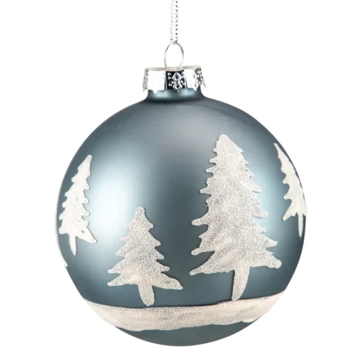 Hot 4" Slate Blue with Glittered Trees Glass Ball Christmas Ornament Glass|Ball Ornaments