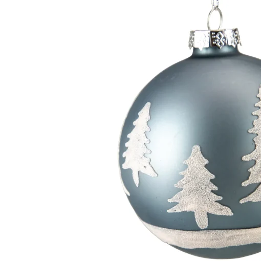 Hot 4" Slate Blue with Glittered Trees Glass Ball Christmas Ornament Glass|Ball Ornaments