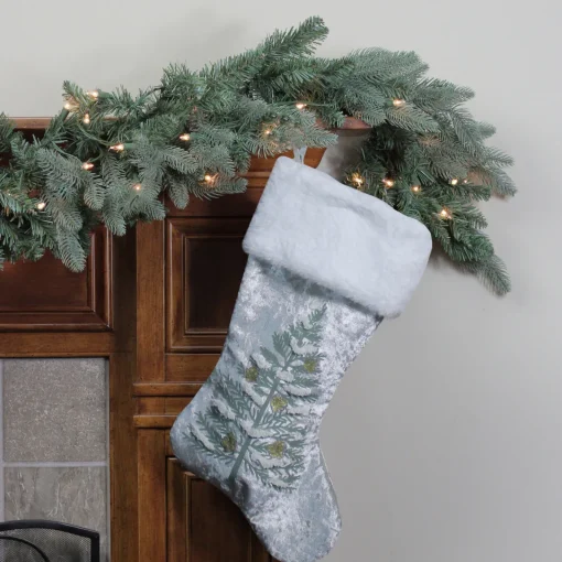 Sale 20" Snow Covered Green Tree Gray Christmas Stocking with White Cuff Stockings