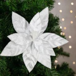Outlet 10" Snow White Glittered Poinsettia Christmas Floral Pick Clip-On Ornament Garden & Floral