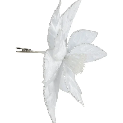 Outlet 10" Snow White Glittered Poinsettia Christmas Floral Pick Clip-On Ornament Garden & Floral