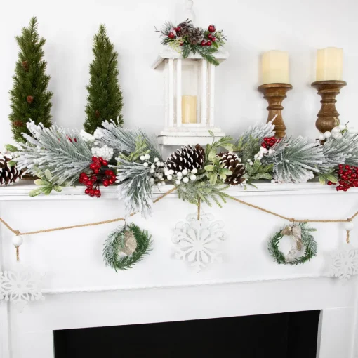 4.75" Snowflake and Frosted Pine Christmas Garland with Wooden Beads - Unlit Beaded