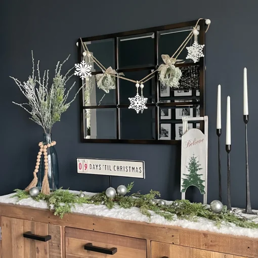 4.75" Snowflake and Frosted Pine Christmas Garland with Wooden Beads - Unlit Beaded
