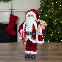 18" Standing Santa Christmas Figure with a Plush Brown Bear Santa Claus