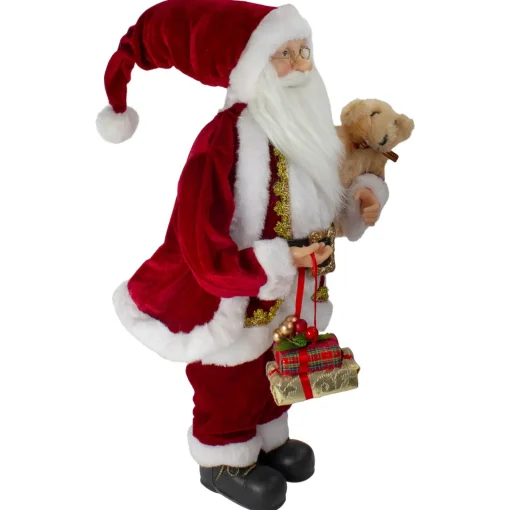 18" Standing Santa Christmas Figure with a Plush Brown Bear Santa Claus