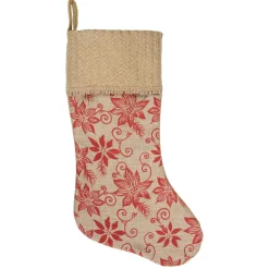 20" Tan and Red Rustic Burlap Poinsettia Christmas Stocking Stockings