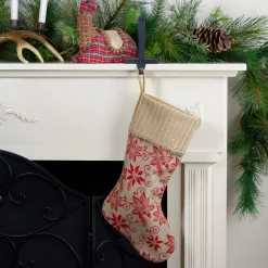 20" Tan and Red Rustic Burlap Poinsettia Christmas Stocking Stockings