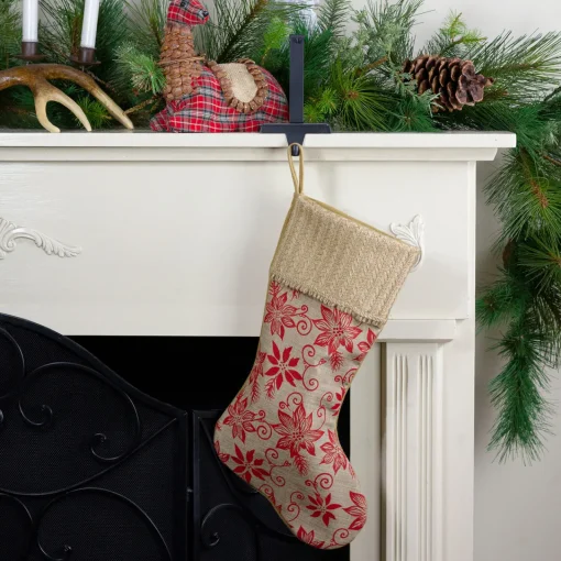 20" Tan and Red Rustic Burlap Poinsettia Christmas Stocking Stockings