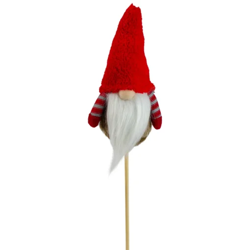Outlet 11.5" Tiny Gray Faux Fur Santa Gnome with Red Hat and Striped Arms on a Stick Christmas Decoration Sprays, Picks & Branches