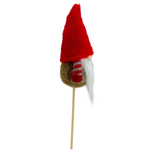 Outlet 11.5" Tiny Gray Faux Fur Santa Gnome with Red Hat and Striped Arms on a Stick Christmas Decoration Sprays, Picks & Branches