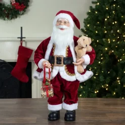 Discount 2' Traditional Santa Christmas Figure with a Plush Brown Bear Santa Claus