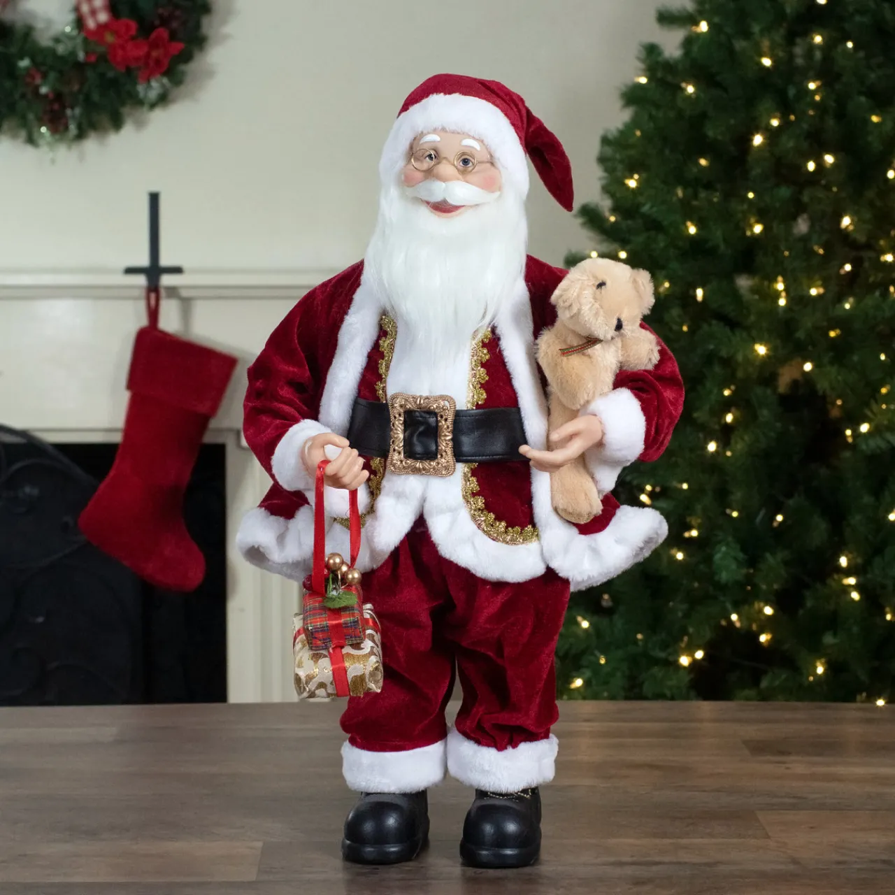 Discount 2' Traditional Santa Christmas Figure with a Plush Brown Bear Santa Claus