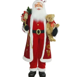 Hot 5' Traditional Santa Claus with Teddy Bear and Gift Bag Standing Christmas Figure Santa Claus
