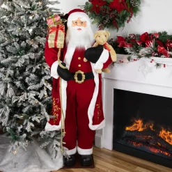 Hot 5' Traditional Santa Claus with Teddy Bear and Gift Bag Standing Christmas Figure Santa Claus