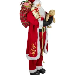 Hot 5' Traditional Santa Claus with Teddy Bear and Gift Bag Standing Christmas Figure Santa Claus