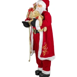 Hot 5' Traditional Santa Claus with Teddy Bear and Gift Bag Standing Christmas Figure Santa Claus