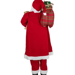 Hot 5' Traditional Santa Claus with Teddy Bear and Gift Bag Standing Christmas Figure Santa Claus