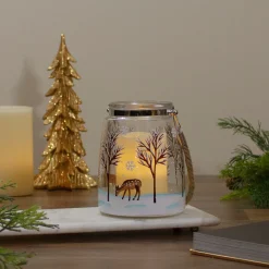 New 6.25" Trees and Fawns Flameless Glass Candle Lantern Candle Holders