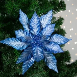 Sale 25" Two Tone Blue Glittered Poinsettia Christmas Stem Spray Sprays, Picks & Branches