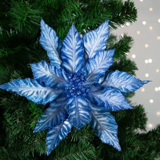 Sale 25" Two Tone Blue Glittered Poinsettia Christmas Stem Spray Sprays, Picks & Branches
