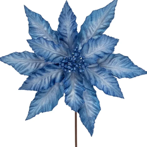 Sale 25" Two Tone Blue Glittered Poinsettia Christmas Stem Spray Sprays, Picks & Branches