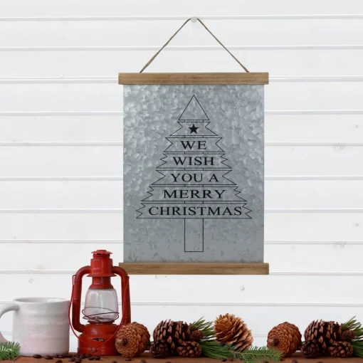 Sale 16" We Wish You a Merry Christmas Galvanized Sheet Metal Hanging Wall Sign Wall