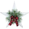 17" White 5 point Christmas Star With Plaid Ribbon with Artificial Pine Wall