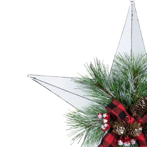 17" White 5 point Christmas Star With Plaid Ribbon with Artificial Pine Wall