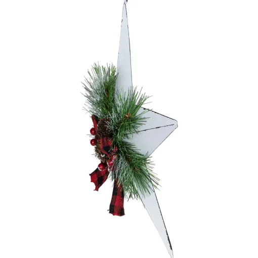 17" White 5 point Christmas Star With Plaid Ribbon with Artificial Pine Wall