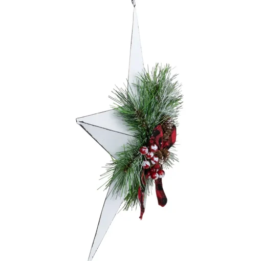 17" White 5 point Christmas Star With Plaid Ribbon with Artificial Pine Wall