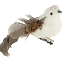 6" White and Brown Bird with Clip and Feathers Christmas Ornament Animals