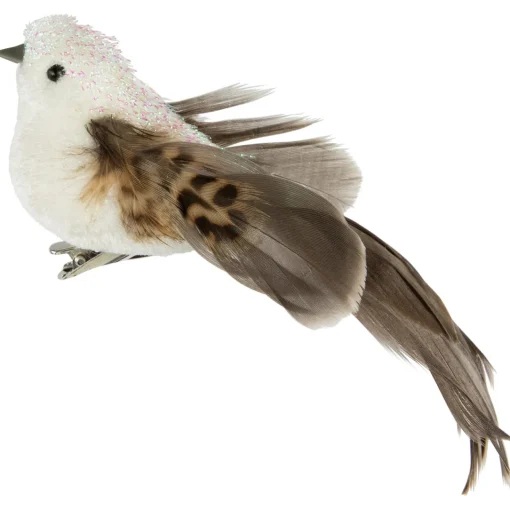 6" White and Brown Bird with Clip and Feathers Christmas Ornament Animals