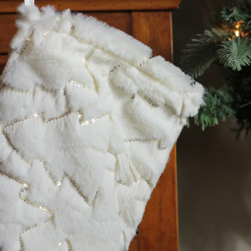 Best 18" White and Gold Christmas Stocking with Sequined Trees Stockings