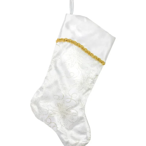 Outlet 20.5" White and Gold Glitter Poinsettia Christmas Stocking Stockings