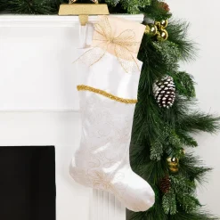 Outlet 20.5" White and Gold Glitter Poinsettia Christmas Stocking Stockings