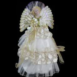 Clearance 16" White and Gold Lighted Angel Sequined Gown Christmas Tree Topper Angels