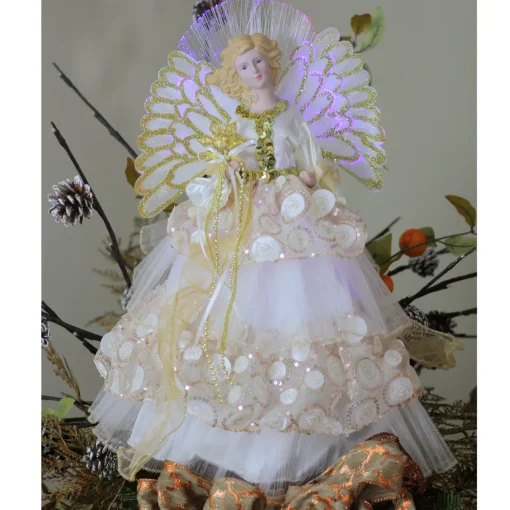 Clearance 16" White and Gold Lighted Angel Sequined Gown Christmas Tree Topper Angels